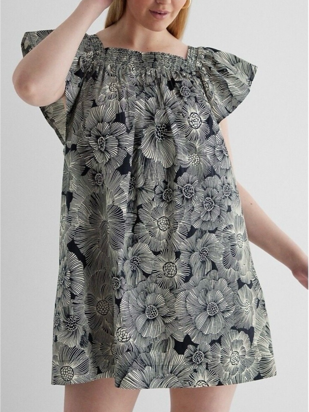 Express Black and White Floral Square Neck Smock Detail Flutter Sleeve Dress